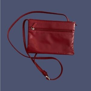 ILI New York red genuine leather crossbody purse Three Sections. Two with zipper